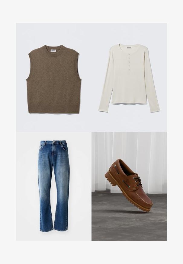 Brauner, ärmelloser Strickpullover mit rundem Ausschnitt, gerippten Kanten und weicher Textur; Etikett trägt die Aufschrift "WEEKDAY."; Langärmeliges cremefarbenes Henley-Shirt mit rundem Ausschnitt und Fünf-Knopf-Leiste, mit dem Label Weekday, auf einem neutralen Hintergrund flach ausgelegt.; Denimjeans mit geradem Schnitt, hellblauer und dunkelblauer Waschung mit Verblassungen, fünf Taschen und einem Knopfverschluss.; Brauner Leder-Bootsschuh mit schwarzen Schnürsenkeln, beigen Nähten und einer robusten Sohle, schwebt über einem grauen Betonboden.