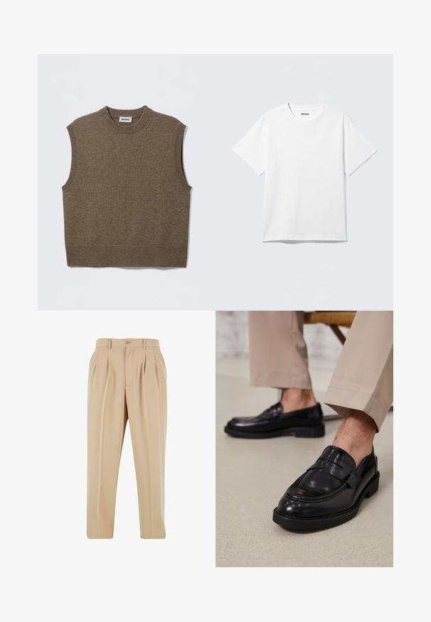 Brun ærmeløs strikket sweater med rund halsudskæring, ribbede kanter og blød tekstur; mærket siger "WEEKDAY".; Hvid kortærmet crewneck T-shirt lagt fladt ud, ensfarvet design, med "WEEKDAY" mærkat inde i kraven på en lys baggrund.; Beige plisserede bukser med lige ben-design, lavet af glat stof, med en knaplukning og løkker til bælte i taljen.; Sorte lædermokkasiner med en glat overflade, der har en dekorativ rem og kontraststing, parret med beige bukser.
