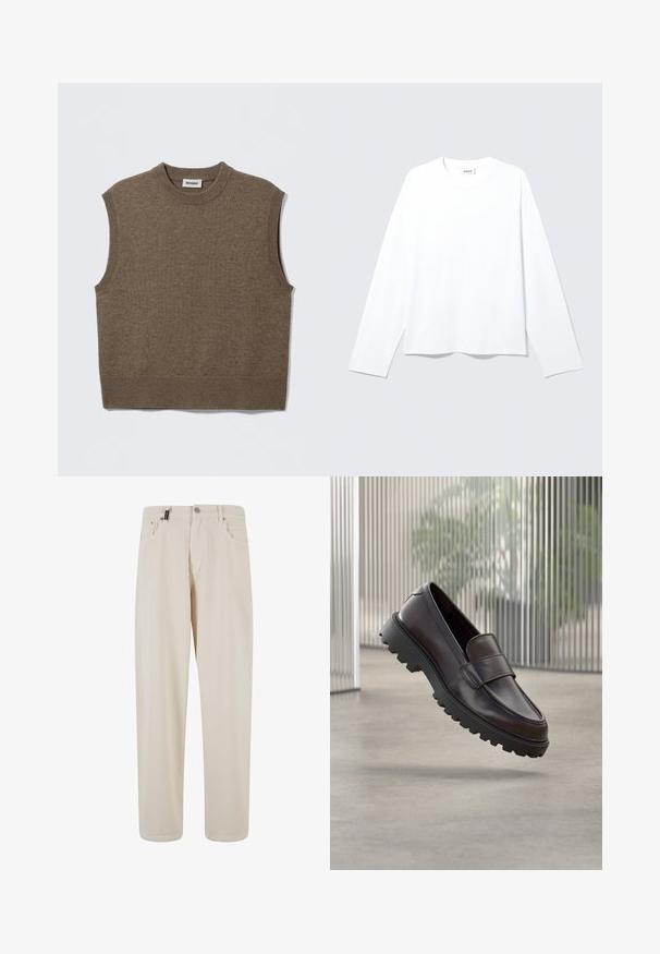 Suéter de punto marrón sin mangas con cuello redondo, bordes acanalados y textura suave; la etiqueta dice "WEEKDAY".; Camiseta blanca lisa de manga larga con cuello redondo, corte holgado y etiqueta de la marca visible en el cuello, colocada plana sobre un fondo claro.; Pantalones de algodón beige con un diseño de pierna recta, que cuentan con bolsillos frontales y un cierre de botón. Textura suave con un detalle minimal.; Zapato de cuero marrón tipo mocasín con punta redondeada y suela de goma negra resistente. Presenta una correa decorativa sobre el empeine.