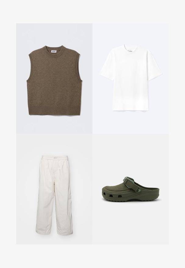 Brun ærmeløs strikket sweater med rund halsudskæring, ribbede kanter og blød tekstur; mærket siger "WEEKDAY".; Enkel hvid T-shirt med korte ærmer og rund hals med afslappet pasform, vist på en lys baggrund.; Hvide bomulds bukser med brede ben og elastisk talje, med en frontknaplukning og sidelommer. Glat tekstur og minimalistisk design.; Grøn gummi klipklap med justerbar rem og ventilationshuller. Glat tekstur, rundt tåparti og hævet sål for komfort.