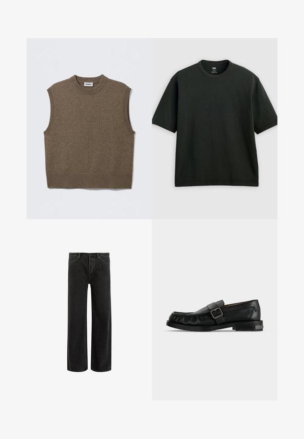 Brauner, ärmelloser Strickpullover mit rundem Ausschnitt, gerippten Kanten und weicher Textur; Etikett trägt die Aufschrift "WEEKDAY."; Schwarzes T-Shirt mit kurzen Ärmeln und Rundhalsausschnitt, locker geschnitten, auf hellem grauem Hintergrund flach liegend präsentiert.; Schwarze, weit geschnittene Jeans aus Denim mit hoher Taille, im klassischen Fünf-Taschen-Design und subtilem Verblassen für eine strukturierte Optik.; Schwarzer Leder-Slipper mit Schnallenriemen, Ziernähten rund um die Zehenpartie und einem niedrigen Absatz mit Metallakzent.