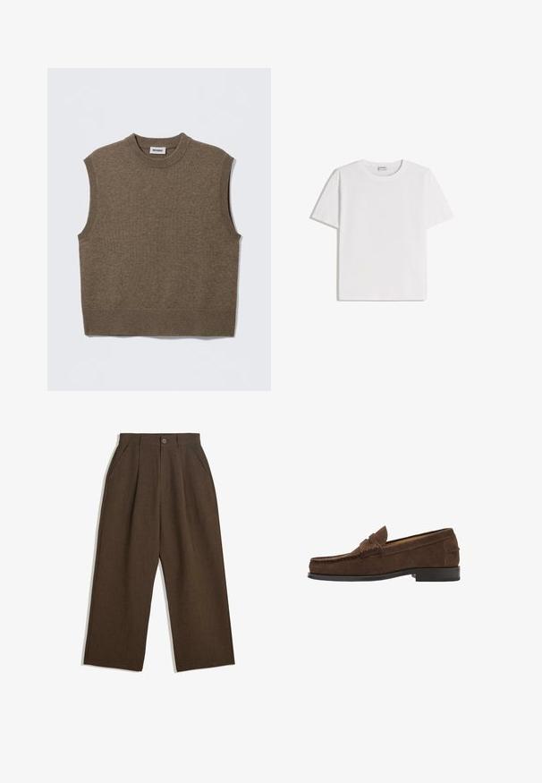 Pull sans manches marron en maille avec un col rond, des bords côtelés et une texture douce ; étiquette indiquant "WEEKDAY".; T-shirt en coton blanc avec un col rond et des manches courtes. Présente une coupe classique et carrée, sans motifs ni accents visibles.; Pantalons plissés marron au design large, avec une fermeture à bouton et des poches latérales, en tissu texturé adapté à une tenue décontractée.; Mocassin en cuir suédé marron avec un petit talon noir et une bride décorative sur le dessus, vu de côté.