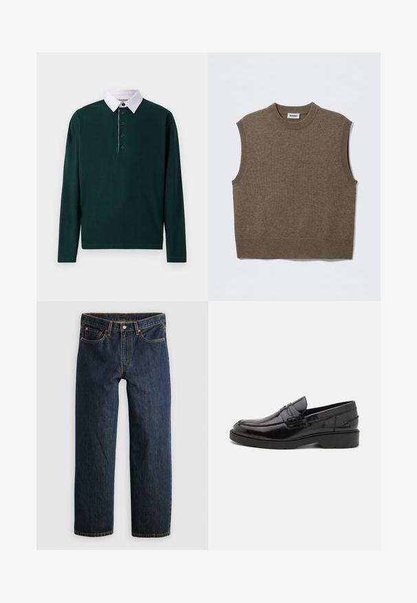 Pull sans manches marron en maille avec un col rond, des bords côtelés et une texture douce ; étiquette indiquant "WEEKDAY".; Polo shirt à manches longues de couleur vert foncé avec un col classique blanc, présentant six boutons sur le devant et une texture lisse et douce.; Jean en denim bleu foncé avec une coupe droite. Comprend cinq poches, des surpiqûres contrastantes et une fermeture à bouton à la taille.; Mocassins en cuir noir avec une finition lisse, un bout rond, un petit talon et descoutures décoratives à l'avant. Semelle en caoutchouc pour l'adhérence.