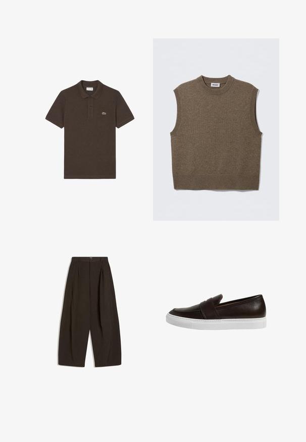 Brauner, ärmelloser Strickpullover mit rundem Ausschnitt, gerippten Kanten und weicher Textur; Etikett trägt die Aufschrift "WEEKDAY."; Braunes Poloshirt aus Baumwolle mit klassischem Kragen, zwei schwarzen Knöpfen und einem kleinen grünen Lacoste-Logo auf der Brust.; Hose aus dunkelbraunem Stoff, mit lockerem Schnitt, plissierter Vorderseite, weiten Beinen und einem Knopfverschluss am Bund.; Scarosso Slipper - brown calf