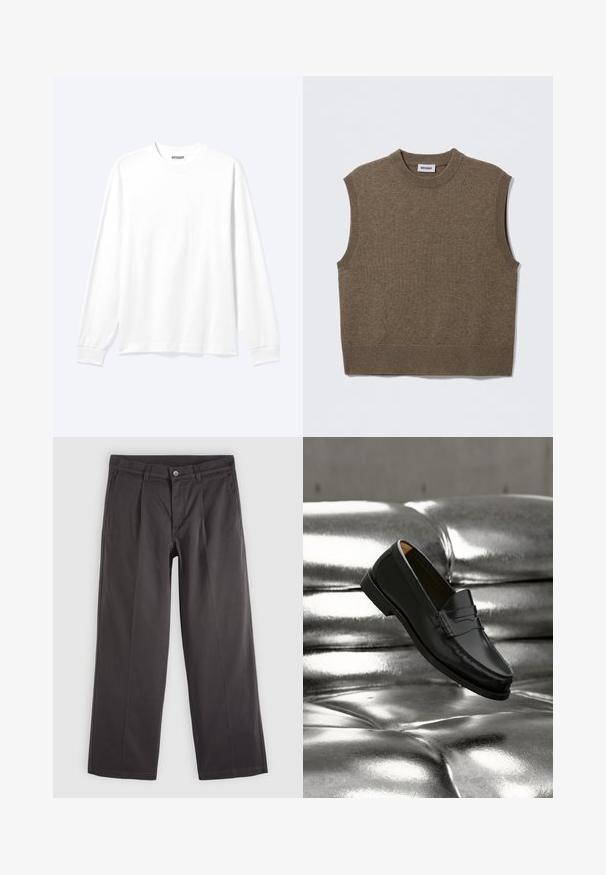 Suéter de punto marrón sin mangas con cuello redondo, bordes acanalados y textura suave; la etiqueta dice "WEEKDAY".; Camisa blanca lisa de manga larga con cuello redondo y puños acanalados, mostrada sobre un fondo claro y neutro.; Pantalones gris oscuro de pierna recta con cierre frontal de botón y cremallera, trabillas para cinturón y bolsillos laterales, colocados extendidos sobre un fondo claro.; Zapato mocasín de cuero negro flotando sobre un sofá plateado brillante con tapizado capitoné de cuero en un ambiente minimalista.