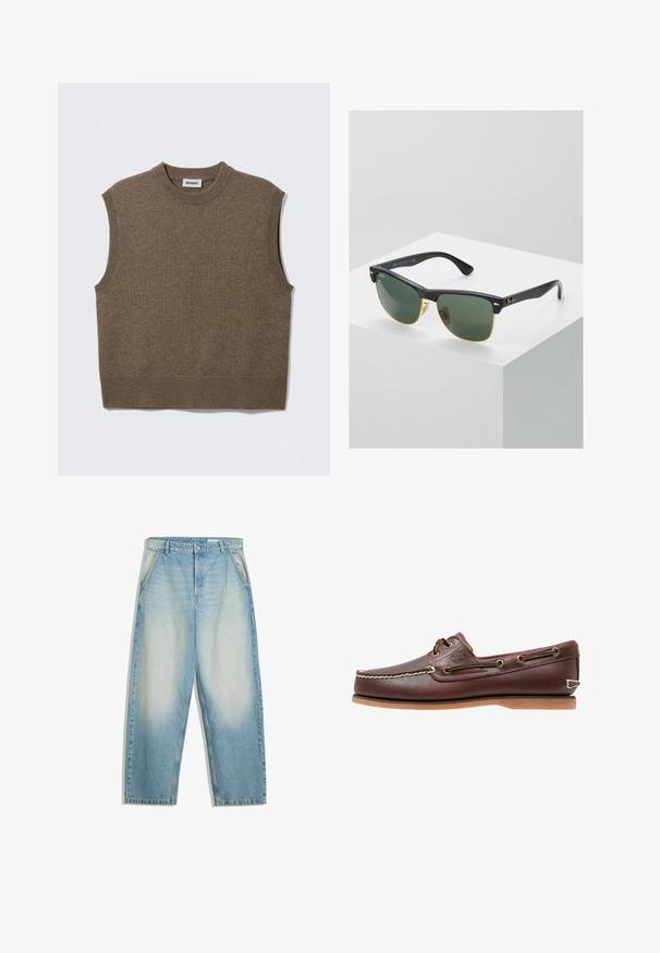Brauner, ärmelloser Strickpullover mit rundem Ausschnitt, gerippten Kanten und weicher Textur; Etikett trägt die Aufschrift "WEEKDAY."; Hellblaue, ausgewaschene Jeans mit lockerem Sitz, Seitentaschen, Gürtelschlaufen und einem Knopfverschluss an der Taille.; Brauner Leder-Bootsschuh mit weißen Nähten, Schnürdetails und hellbrauner Gummisohle, seitlich auf weißem Hintergrund gezeigt.; Ray-Ban Sonnenbrillen mit grünen Gläsern, schwarzen Kunststoffrahmen und goldenen Akzenten an den Rändern. Quadratische Form mit matter Oberfläche.