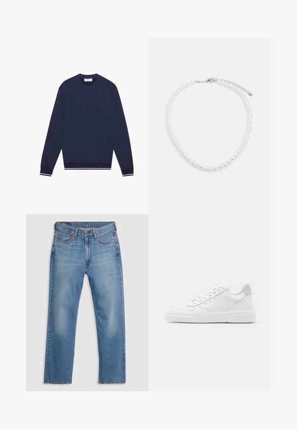 Pier One by Zalando Mikina - sky captain; Modré džíny s rovnými nohavicami so zavretím na prednej strane pomocou gombíka a zipsu, pútka na opasok a dizajn s piatimi vreckami na bielom pozadí.; Biele kožené tenisky s hladkým povrchom, zaoblenou špičkou, plochými šnúrkami a textúrovanou podrážkou. Sivý semišový akcent na päte.; Biely perlový náhrdelník s rovnomerným guľatým tvarom, hladkým povrchom a kovovým zapínaním s predlžovacím reťazcom na nastaviteľnú dĺžku.