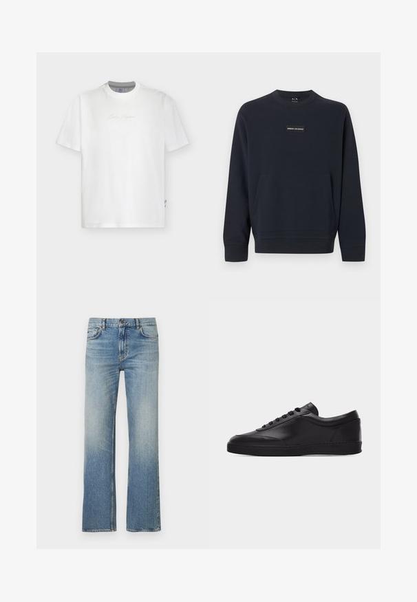 Sweatshirt noir à manches longues avec col rond, poche kangourou devant et petit patch logo Armani Exchange centré sur la poitrine.; T-shirt blanc à manches courtes avec col rond, texte cursif gris pâle centré sur la poitrine et petite étiquette sur la couture latérale.; Jean en denim bleu clair avec une coupe droite, présentant une finition délavée, un design classique à cinq poches et des coutures contrastées.; Baskets basses en cuir noir avec lacets sur le devant et semelle en caoutchouc plate, vues de côté sur un fond blanc uni.