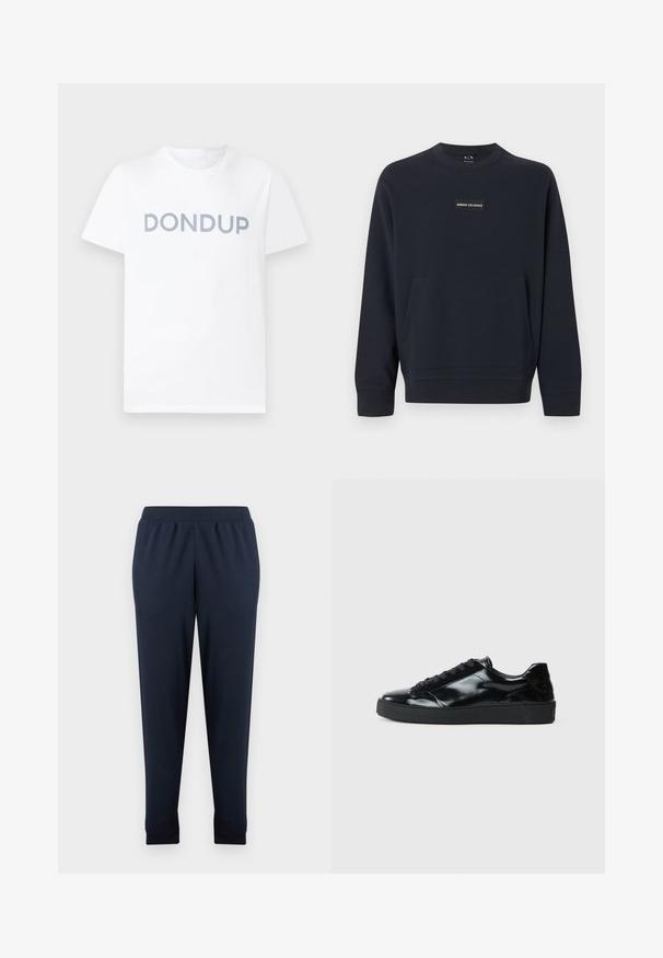 Sweatshirt noir à manches longues avec col rond, poche kangourou devant et petit patch logo Armani Exchange centré sur la poitrine.; T-shirt blanc à manches courtes avec col rond et texte "DONDUP" gris clair imprimé sur la poitrine, présenté sur un fond uni.; Pantalon de jogging marine en tissu doux mélangé coton, doté d'une ceinture élastique et de chevilles resserrées.; Baskets en cuir verni noir avec un bout arrondi, un laçage, une semelle en caoutchouc texturé et une finition lisse.