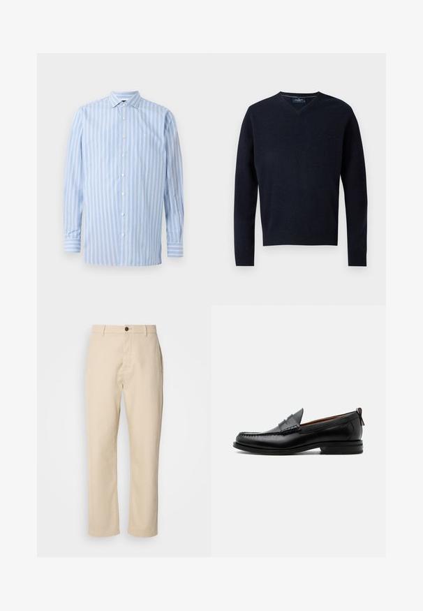 Marineblå V-hals sweater lavet af et blødt stof, med lange ærmer og ribbet kant. Minimalistisk design med en simpel etiket ved kraven.; Lys blå langærmet skjorte med vertikale hvide og lyseblå striber, knaplukning, krave og et lille broderet logo på brystet.; Beige bomuldsbukser med lige ben, en frontknaplukning, sidelommer og en glat tekstur. Minimalistisk design, ingen synlige mønstre.; Sort læder herre loafer med moc-tå syning, penny strop, struktureret krave og lav stablet hæl på hvid baggrund.