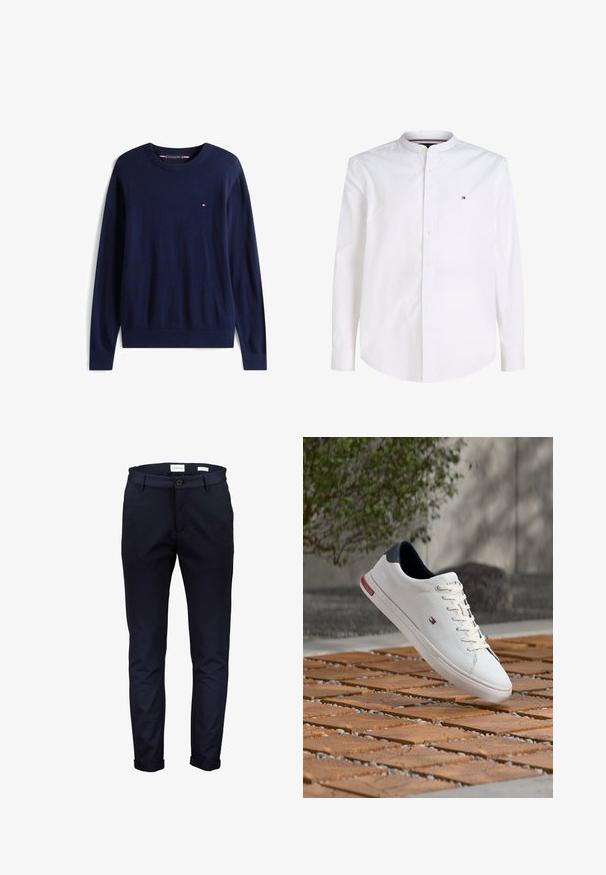 Jersey de manga larga y cuello redondo azul marino con pequeño logo en rojo, blanco y azul en el pecho izquierdo, puños y cinturilla de canalé.; Camisa blanca de hombre de manga larga con botones, cuello mao y un pequeño logo de Tommy Hilfiger en el pecho.; Pantalones de algodón azul marino, ajuste slim, con cierre de botón y puños doblados. Textura suave sin patrones o acentos visibles.; Zapatilla deportiva de piel blanca con lengüeta en el talón de color azul marino y pequeño logo rojo, blanco y azul que flota sobre una superficie de madera y piedras al aire libre.