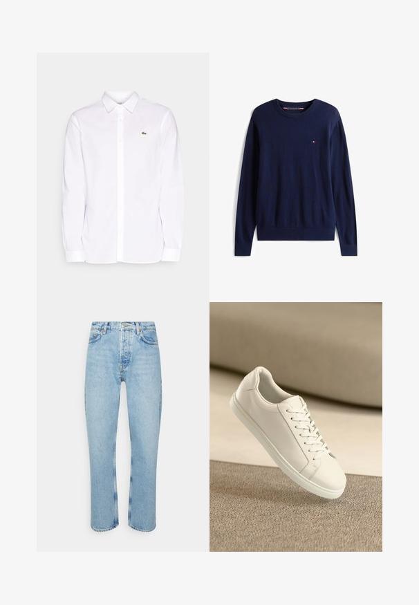 Marineblauer Langarmpullover mit Rundhalsausschnitt und kleinem rot-weiß-blauem Logo auf der linken Brustseite, gerippten Bündchen und Bund.; Weißes Langarmhemd aus Baumwolle mit Button-Down-Kragen, einem grünen gestickten Logo auf der linken Brust und geraden Manschetten.; Hellblaue Jeans aus Denim mit geradem Schnitt, hoher Taille, fünf Taschen-Design und sichtbaren Nähten an den Nähten und Säumen.; Weißes Leder Sneaker mit weißen Schnürsenkeln, auf einer beigefarbenen strukturierten Oberfläche präsentiert, und einem sanft verschwommenen Hintergrund.