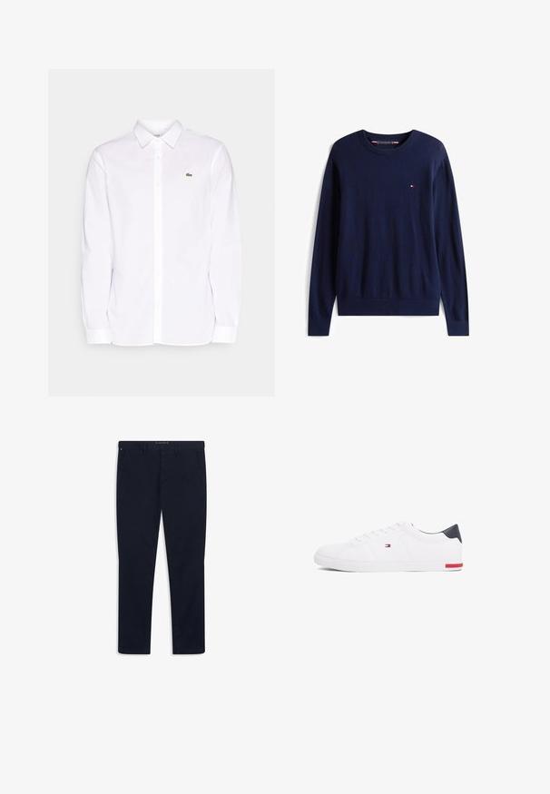 Marineblå langærmet rundhalset sweater med lille rød, hvid og blå logo på venstre bryst, ribstrikkede ærmeafslutninger og talje.; Hvid langærmet skjorte lavet af bomuld, med krave der kan knappes ned, et grønt broderet logo på venstre bryst og lige manchetter.; Marineblå bomulds-chinos med lige ben, der har lynlås, bæltestropper og forlommer. Glat tekstur og klassisk design.; Hvide low-top sneakers lavet af glat læder. Har en marineblå hælkappe og en rød detalje på sålen. Seks snørehuller.