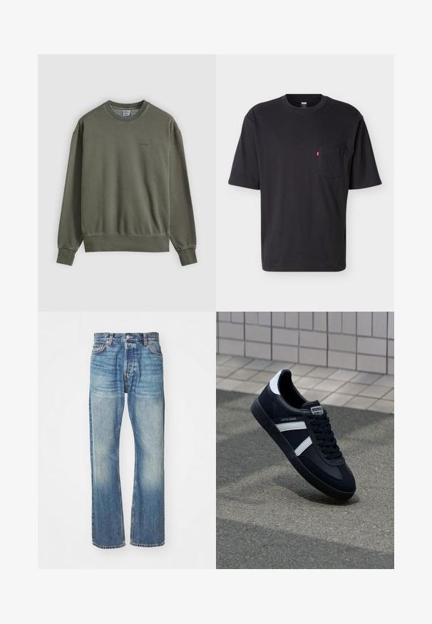 Olijfgroene trui met een ronde hals, lange mouwen en geribde boorden. Voorzien van een geborduurd Levi's-logo aan de voorkant. Zacht katoenen materiaal.; Zwart T-shirt met korte mouwen en ronde hals, voorzien van een borstzakje met een klein rood Levi's logo tabje op het zakje, tegen een effen lichte achtergrond.; Lichtblauwe denimjeans met een klassiek recht model, vervaagde afwerking en zichtbare stiksels overal. Voorzien van steekzakken en riemlussen.; Zwarte leren sneaker met witte strepen, een gestructureerde rubberen zool en vetersluiting aan de voorkant. Voorzien van een merklabel op de tong.