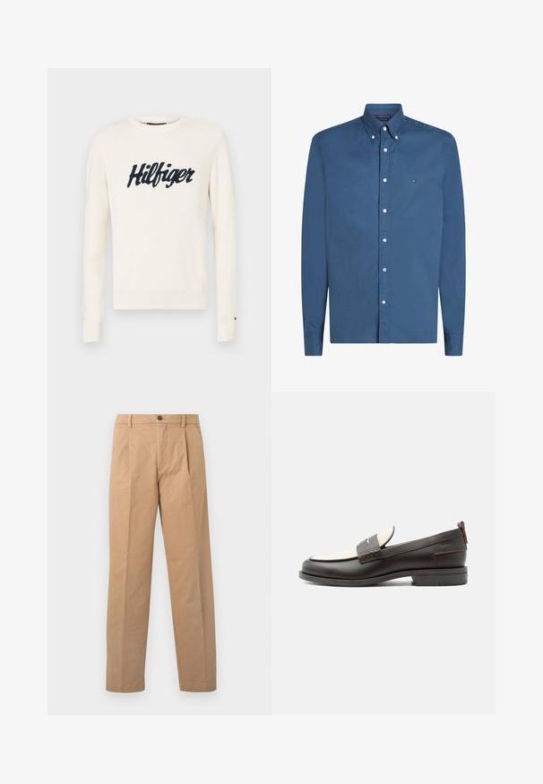 Cremefarvet strikket sweater med ribbet struktur, rund hals og "Hilfiger" logo i mørk marineblå. Lange ærmer med ribbede manchetter.; Langærmet blå skjorte med knapper, knappet krave og lille broderet logo på venstre bryst.; Khaki bukser med lige ben-design, lavet af bomuldsstof; har en enkelt knaplukning og to frontfolder.; Mørkebrune herresko i læder med cremefarvet stofpanel og klassisk syning på remmen, flad sål og trækskærm ved hælen.