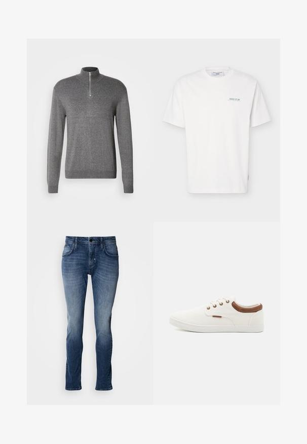 Grå strikket sweater med høj krave og en kort lynlås. Har lange ærmer og en tætsiddende pasform, lavet af blødt, tekstureret stof.; Hvid T-shirt med korte ærmer og rund hals, med lille grøn tekst "JUICE IT UP Marc O'Polo Denim" på venstre bryst.; Blå denim jeans med en falmet finish, fem-lomme design, lige ben skæring og topstikningsdetaljer. Simpel knap- og lynlås lukning.; Hvide lærreds sneakers med en glat overflade, brune læderdetaljer ved hælen og fem metaløjer til snørebånd. Har en flad gummisål.