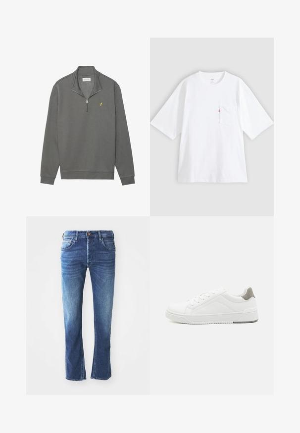 Pier One Sweatshirt - dark grey; Hvid bomulds-T-shirt med korte ærmer, rund hals og lomme på venstre bryst. Har en lille rød logoetiket på lommen.; Mørkeblå denim jeans med lige ben-design, der har fem lommer, en brun knaplukning og diskret lys udtoning ved lårene.; Hvid sneaker lavet af glat læder, rund tå, minimalistisk design, grå hælafsats og tekstureret gummisål.