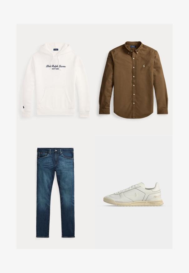 Weißer Hoodie mit Fronttasche, Kordelzug an der Kapuze und navyblauem "Polo Ralph Lauren New York" Logo auf der Brust sowie kleinem Pferdelogo am linken Ärmel.; Braunes langärmliges Hemd mit Knöpfen und Kragen, bestickt mit dem Polo Ralph Lauren-Logo auf der linken Brust.; Dunkelblaue Slim-Fit-Jeans mit vorderem Knopf und Reißverschluss, fünf Taschen sowie dezenter Verfärbung an den vorderen Oberschenkeln und Knien.; Weißer flacher Ledersneaker mit beigefarbener Sohle, Schnürung vorne und Polo Ralph Lauren Logos, die an der Seite und Ferse geprägt sind.