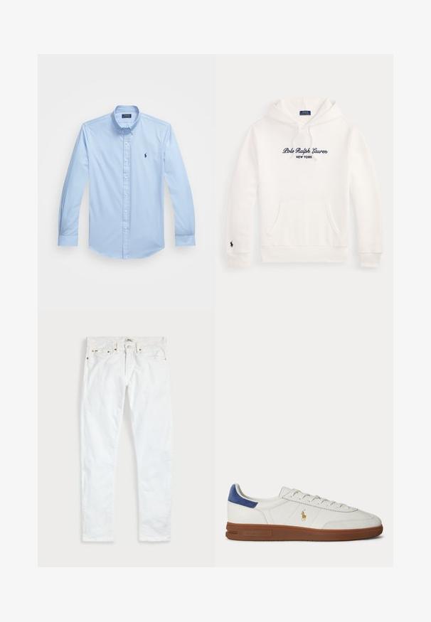 Biela mikina s kapucňou, predným vreckom, šnúrkou na kapucni a tmavomodrým logom "Polo Ralph Lauren New York" na hrudi a malým logom koňa na ľavom rukáve.; Svetlomodrá košeľa na gombíky vyrobená z bavlny s dlhými rukávmi, špicatým golierom a vyšitým logom na ľavej hrudi. Plosky predný dizajn.; Biele slim fit džínsy s piatimi vreckami, zapínaním na gombíky a opaskovými pútkami, položené na rovnej svetlej jednofarebnej podložke.; Biele nízke tenisky s hnedou podrážkou, modrým pätovým pásikom, šnúrkami a zlatým logom Polo Ralph Lauren na boku.