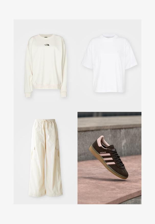 The North Face ESSENTIAL OVERSIZE CREW - Sweatshirt - white dune; T-shirt en coton blanc avec un col rond, des manches courtes et une coupe décontractée. Présente un logo discret sur la zone gauche de la poitrine. Texture lisse.; Pantalons cargo à jambes larges en tissu beige clair avec une taille élastique, un cordon de serrage et des poches latérales. Texture douce avec un minimum de détails.; Baskets en suède brun foncé avec des accents roses, présentant trois bandes roses, une semelle texturée et un logo sur le côté. Design classique à profil bas.