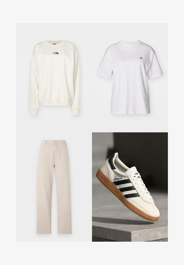 The North Face ESSENTIAL OVERSIZE CREW - Sweatshirt - white dune; T-shirt en coton blanc avec une coupe décontractée, des manches courtes et un petit logo brodé sur la poitrine gauche.; Pantalons beige à jambes larges en coton, dotés d'une fermeture à bouton à l'avant, de passants de ceinture et d'une coupe classique avec des lignes épurées.; Baskets en daim blanc avec des bandes navy, semelle en caoutchouc gomme, tige texturée, bout rond et lacets ; arbore un logo sur le côté et sur la languette.