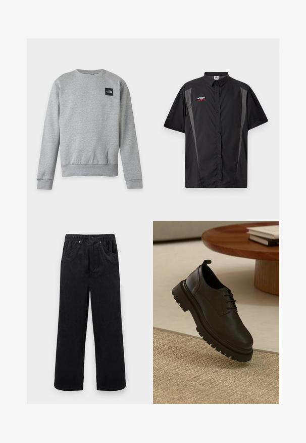 Sweat-shirt gris clair uni à col rond, manches longues et petit patch logo noir The North Face sur la partie supérieure gauche de la poitrine.; Chemise noire à manches courtes avec panneaux latéraux gris et logo Umbro rouge et blanc sur la poitrine gauche.; Pantalon en velours côtelé noir à jambes larges avec taille élastique, bouton et fermeture éclair, et poches avant sur un fond clair.; Chaussure en cuir noir avec une surface texturée, bout rond, design à lacets et semelle en caoutchouc noir épaisse. Flottant au-dessus d'un tapis tissé.