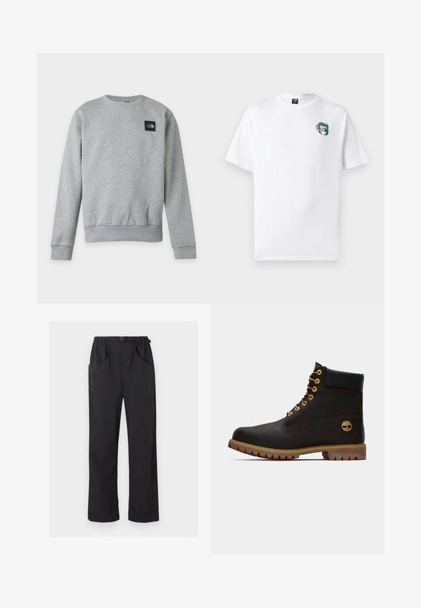 Sweat-shirt gris clair uni à col rond, manches longues et petit patch logo noir The North Face sur la partie supérieure gauche de la poitrine.; T-shirt blanc à manches courtes avec un petit motif de tasse verte et le logo "The North Face" sur la poitrine gauche.; Pantalon noir à jambe droite avec taille élastique et ceinture ajustable à boucle, doté de poches avant et latérales.; Bottine noire en cuir avec œillets dorés, accents marron et semelle en caoutchouc. Comprend un col rembourré et un logo estampé sur le côté.