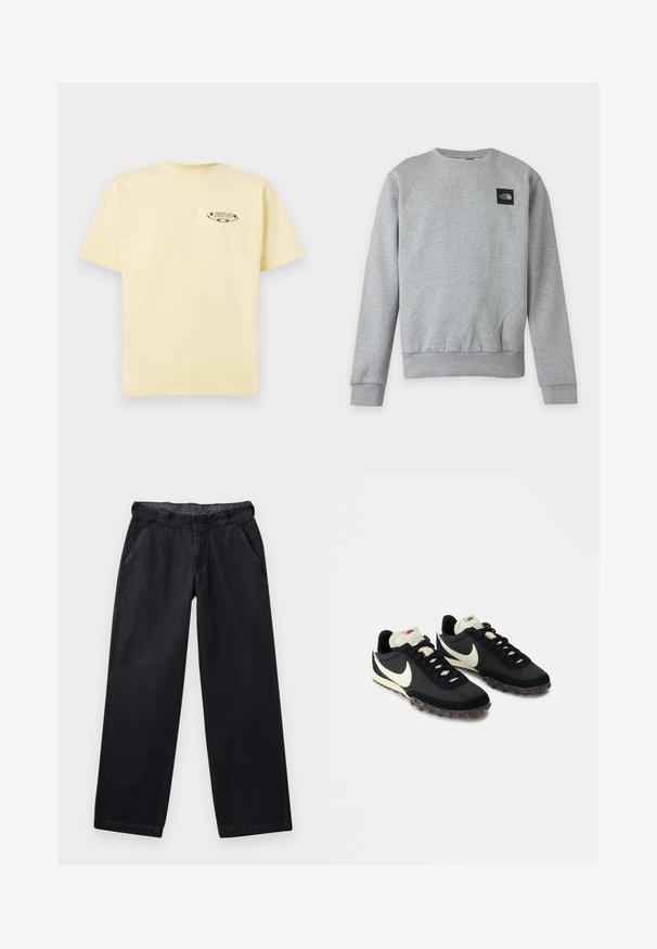 Effen lichtgrijze sweater met ronde hals, lange mouwen en een klein zwart The North Face-logo patch op de bovenste linkerkant van de borst.; Geel katoenen t-shirt met korte mouwen en een ronde halslijn, met een bedrukt grafisch logo op de linkerborst.; Zwarte wijde broek van stevige stof, met een platte tailleband, twee zijzakken en een gladde textuur.; Zwarte sportieve schoenen met een gestructureerde bovenkant, witte swoosh-logo en rubberen zool met kleine noppen voor grip. Crèmekleurige kraag.