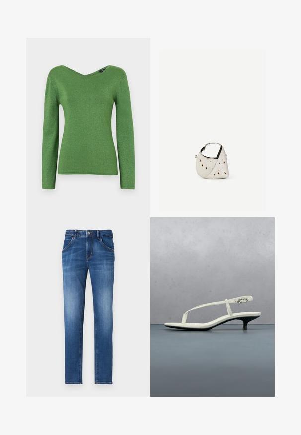 Haut à manches longues vert en tissu scintillant, avec un décolleté en V et une silhouette ajustée, au toucher lisse et sans embellissements visibles.; Jean en denim bleu ajusté avec une finition délavée, cinq poches, fermeture à bouton à l'avant et détails de couture contrastés.; Sandale blanche à talon kitten avec des lanières et un bout pointu, flottant au-dessus d'un sol en carrelage en bois en plein air avec un arrière-plan flou de plante et de mur.; Petit sac à main blanc avec des taches marron, forme triangulaire arrondie, doublure intérieure noire et bandoulière courte réglable avec boucle argentée.