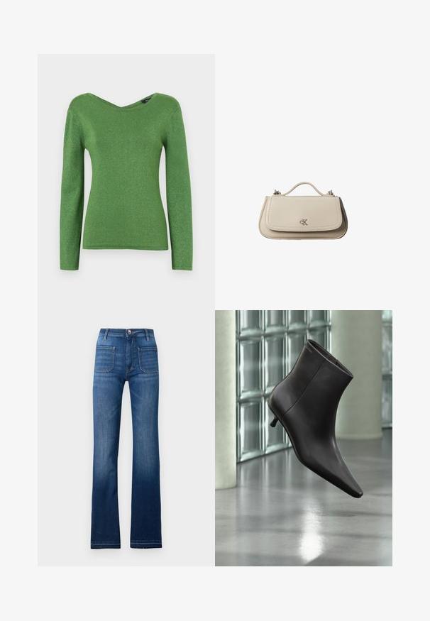 Grøn langærmet top lavet af glitrende stof, med V-hals og tætsiddende silhuet, med glat tekstur og ingen synlige udsmykninger.; Blå denim flared jeans med fem lomme-design, knaplukning og synlige sømme langs sømmene, med en let falmet finish.; Sort læderankelstøvle med spids tå og lille hæl vist mod en væg af glasblokke og poleret gulv baggrund.; Lille beige læderhåndtaske med top håndtag og sølv CK-logo på frontklap, vist mod en hvid baggrund.