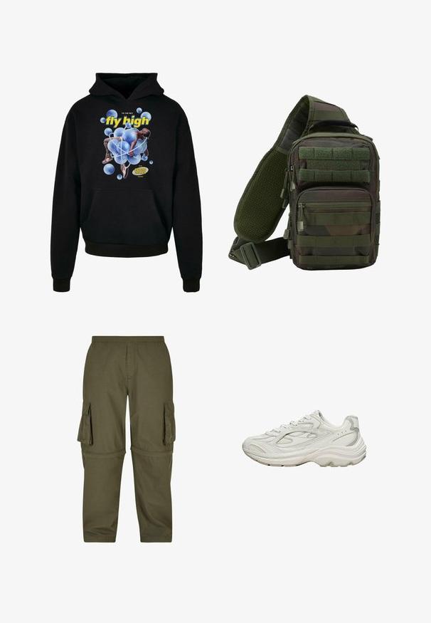 Schwarzer Kapuzenpullover mit zentralem Grafikdesign von blauen Blasen und einer Figur. Der Text lautet "fly high" in Gelb. Kängurutasche vorne.; Olivgrüne Cargo-Hosen aus leichtem Material, mit mehreren Seitentaschen, einem elastischen Bund und einem geraden Schnitt.; Weißer Sneaker mit strukturiertem Obermaterial und klobiger Sohle. Merkmale sind geschwungene Linien, dezente graue Akzente und ein Schnürdesign.; Grüner Tarn-Sling-Rucksack mit mehreren Reißverschlusstaschen, einem verstellbaren Gurt und einem Netzrückenpaneel zur Belüftung.