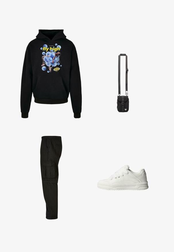 Sort sweatshirt med hætte, der har et centralt grafisk motiv af blå bobler og en figur. Teksten siger "fly high" i gult. Kængurulomme foran.; Sorte cargo bukser med afslappet pasform, elastisk talje, sidelommer og en stor cargo lomme på låret. Blødt, letvægtsstof.; Hvide sneakers med en glat læderoverflade, polstret tunge, flade snørebånd og strukturerede detaljer på siderne og hælen.; Sort stof crossbody tas med justerbar skulderrem, frontklap og lynlåslomme. Udstyret med mærkehardware og en kompakt rektangulær form.