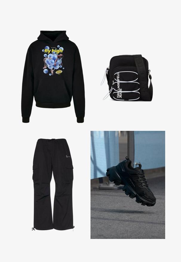 Must mustre vest, millega on varustatud kapuuts, kus on keskne kujutis sinistest mullidest ja figuurist. Tekst "lend kõrgele" on kollane. Ees on kängurupocket.; Mustad mustad pagasid kergedest kangast, elastse vöökoha ja paeltega, külgtaskud ja reguleeritavad pärani.; Must turske tussudega toss, millel paks talla, hõljumas halli kõnnitee kohal, uduselt helesinise ja halli taustaga.; Must käekott valgete elastsete aasade, tõmblukukäepidemete ja valge "KARL LAGERFELD JEANS" kirjaga esitaskul.