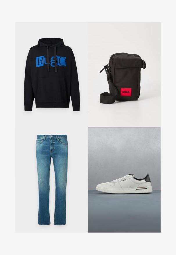 Schwarzer Kapuzenpullover mit einem großen blauen "Hugo"-Graphic auf der Vorderseite, mit einer Kängurutasche und einer Kapuze mit Kordelzug. Klassisches Design.; Blaue Jeans aus Denim mit geradem Schnitt, ausgestattet mit einem leichten Verwaschungseffekt, leichten Abnutzungen an den Knien und klassischem Fünf-Taschen-Design.; Weißer Sneaker mit niedrigem Schnitt und schwarzer Ferse, Schnürverschluss, dezenten Perforationen und "BOSS"-Logo an der Seite, gezeigt von der äußeren Seitenansicht.; Schwarze Stoff-Crossbody-Tasche mit einem roten Logo-Patch, ausgestattet mit einem Reißverschluss-Top, einer Vorderklappen-Tasche und einem verstellbaren Tragegurt.