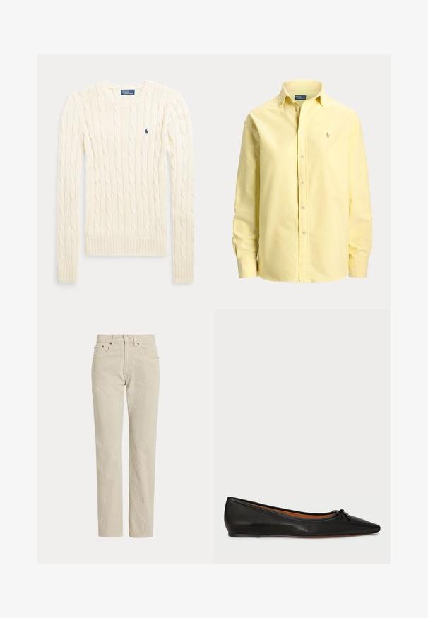 Pull crème à manches longues en maille torsadée avec col rond et petit logo brodé bleu foncé sur la poitrine.; Chemise jaune à manches longues avec boutons, col et petit logo brodé sur la poitrine gauche.; Pantalon en velours côtelé beige droit avec passants de ceinture, bouton à l'avant, fermeture éclair et poches avant.; Ballet flat en cuir noir avec un bout pointu, une silhouette élancée et un petit nœud à l'avant. Texture lisse et design minimal.
