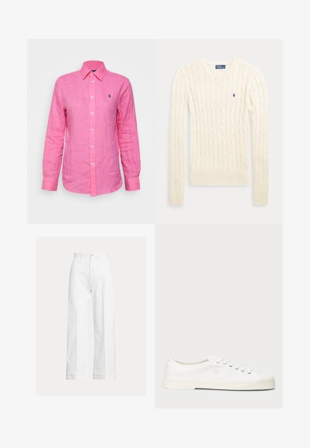 Jersey de punto trenzado crema de manga larga con cuello redondo y pequeño logo bordado en azul oscuro en el pecho.; Camisa de manga larga y cuello en lino de color rosa brillante, con un pequeño logo azul en el lado izquierdo del pecho y botones blancos en el frente.; Pantalones blancos de pierna ancha hechos de algodón, con cintura alta, cierre de botones y líneas sutiles de pliegue que recorren la parte delantera.; Zapatilla de lona blanca con puntera redonda, cierre de cordones y un discreto detalle de logo. Presenta una tela texturizada y suela de goma.