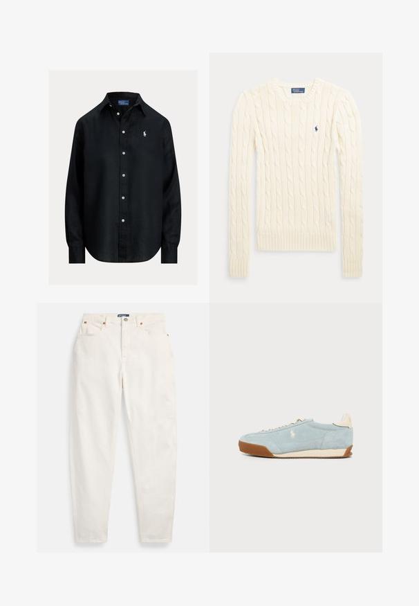 Pikaveeline kreemjas palmikutega kampsun ümmarguse kaelusega ja väike tume sinine tikitud logo rinnal.; Must pikkade varrukatega triiksärk, nööpidega, kraega, valgete nööbidega ja vasakul rinnal väike valge tikandiga Polo Ralph Lauren logo.; Valged kõrge vöökohaga sirge säärega teksad ees lukustuse ja nööbiga, viie taskuga ning Polo kaubamärgiga sildiga vööjoonel.; Hele sinist seemisnahast toss beige aktsentide, pruuni tallaga ja küljele tikkitud valge hobuse logoga, näidatud profiilis lihtsal taustal.