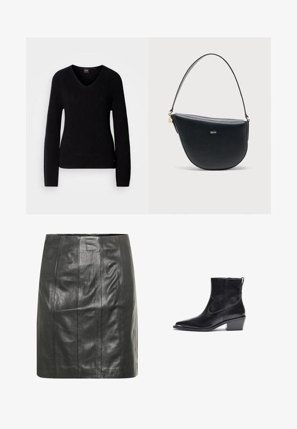 Pull noir à col en V avec une texture en maille côtelée, manches longues et de subtiles perforations sur les côtés. Étiquette de marque visible sur l'encolure.; Jupe en cuir noir avec une silhouette ajustée, présentant des coutures verticales pour plus de texture et une finition lisse.; Botte de cheville en cuir noir avec un bout pointu et un petit talon carré. Présente une fermeture éclair latérale et des détails de couture minimaux pour un design épuré.; Sac à main demi-lune en cuir noir avec une bandoulière unique et un logo BOSS doré centré sur le devant.