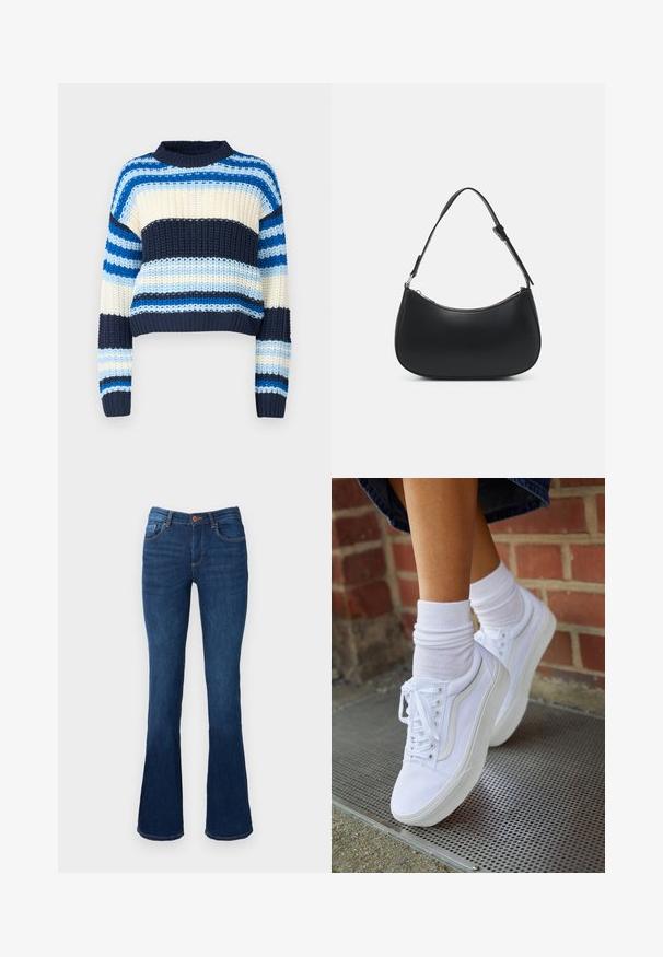 Noisy May Trui - multi coloured; Uitlopende blauwe denim jeans met een middelhoge taille, voorzien van voor- en achterzakken, oranje stiksels en een knoopsluiting.; Witte canvas sneakers met rubberen zolen, voorzien van zes vetertjes, een ronde neus en lichte stikdetails, gecombineerd met witte enkelsokken.; Pieces PCALUANA SHOULDER BAG - Handtas - black