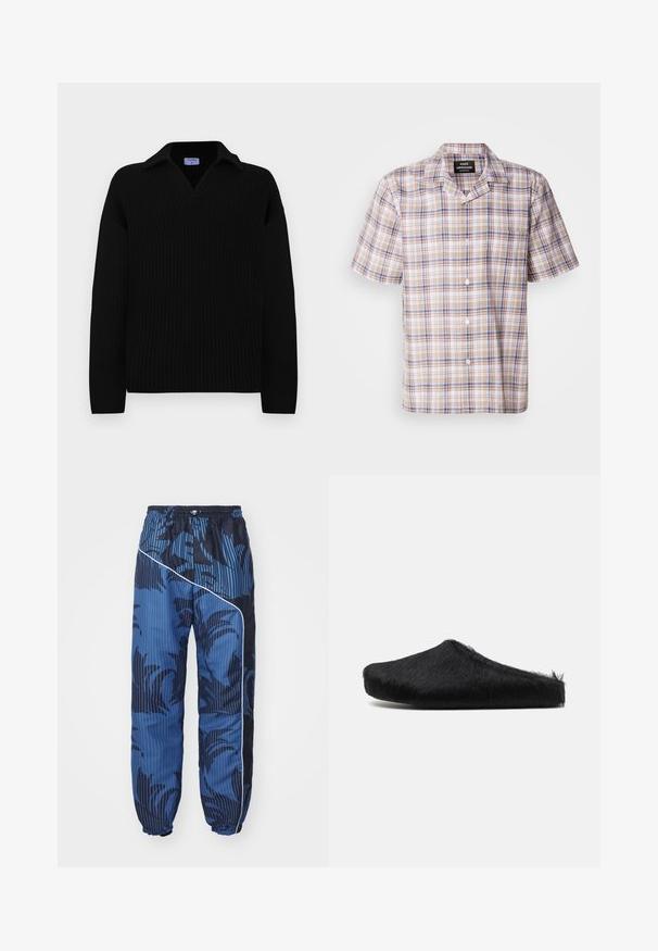 Sort ribbet sweater med V-hals og krave, med lange ærmer og en afslappet pasform, lavet af et blødt strikmateriale.; Kortærmet ternet skjorte i beige med blå og brune accenter, krave og forreste knapper. Fremstillet af letvægtsstof med et rutemønster.; Blå mønstrede joggers med en blanding af ensfarvede og stribede teksturer, elastisk talje og snøre, samt hvid piping langs siden.; Marni Slip-on sandaler - black