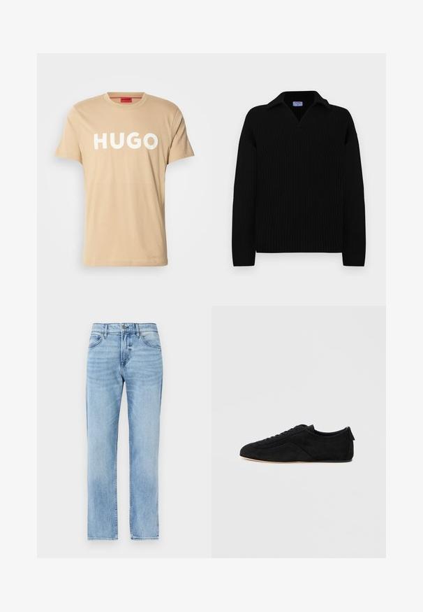 Sort ribbet sweater med V-hals og krave, med lange ærmer og en afslappet pasform, lavet af et blødt strikmateriale.; Beige bomulds T-shirt med rund hals, korte ærmer og et markant hvidt "HUGO" logo på forsiden. Glat tekstur, afslappet design.; Lyseblå denimjeans med lige ben, forlommer, bæltestropper, knap og lynlås.; Sort ruskind lavtop sneaker med snørelukning foran og beige sål, vist fra ydersiden på en lysegrå baggrund.