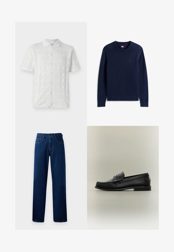 Pull bleu marine à col rond avec manches longues et petit logo rouge, blanc et bleu sur la poitrine gauche.; Chemise blanche à manches courtes avec un motif à grille texturé et de petites perforations, présentant un col et cinq boutons sur le devant.; Jean en denim bleu foncé, coupe droite, avec fermeture à bouton et fermeture éclair à l'avant, et design à cinq poches, sur fond blanc.; Mocassin noir en cuir à enfiler avec petit talon, boucle dorée et nom de marque embossé sur le côté sur fond neutre.