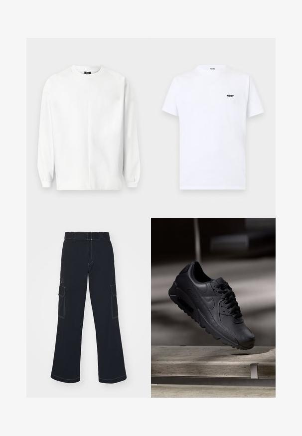 Sudadera blanca, hecha de una tela suave, con cuello redondo, mangas raglán largas, puños acanalados y un sutil logotipo bordado en el pecho.; Camiseta blanca de manga corta con pequeño logo negro "OBEY" en el pecho izquierdo, presentada sobre un fondo plano de color gris claro.; Pantalones cargo negros de pierna ancha, con dos bolsillos laterales, costuras en contraste y una cinturilla estándar. Material de algodón suave.; Zapatillas Nike Air Max negras con parte superior de cuero texturizado, suela de goma y un sistema de cordones prominente, que muestran un diseño elegante y moderno.