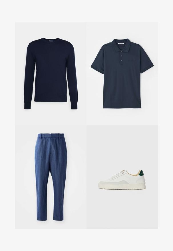 Suéter de punto azul marino con cuello redondo y mangas largas. Presenta puños y dobladillo acanalados, fabricado con un material suave y ligero.; Camisa polo azul marino de algodón, con un cierre de tres botones, mangas cortas y un sutil logo en el pecho. Textura suave.; Pantalones de lino azul marino con un corte relajado, cinturilla elástica y piernas ajustadas. Presentan una textura suave y detalles de costura mínimos.; Zapatilla blanca con acentos de ante, puntera redondeada, cordones planos y suela de goma color crema. Presenta un logo verde en el talón.