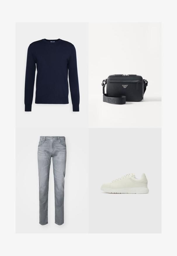 Marineblauwe gebreide trui met een ronde hals en lange mouwen. Voorzien van geribbelde manchetten en zoom, gemaakt van zacht, lichtgewicht materiaal.; Grijze denim jeans met een rechte snit, vijf zakken, riemlussen en een knoopsluiting aan de voorkant. Subtiele vervaging voor textuur.; Witte leren sneaker met een textuur bovenkant, ronde neus, vlakke witte zool en tonale veters. Subtiele branding op de tong.; Zwarte crossbody tas gemaakt van gestructureerd materiaal. Beschikt over een ritssluiting, een voorzak met rits en een metalen logoaccent. Inclusief verstelbare schouderband.