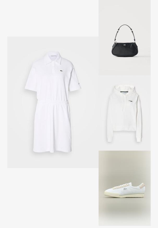 Sweatshirt blanc en tissu doux avec une poche kangourou, une capuche à cordon de serrage et un logo vert brodé sur la poitrine. Équipé de poignets côtelés.; Robe polo blanche en tissu doux, avec un col, des manches courtes, une taille élastique et un petit logo vert sur la poitrine.; Baskets en cuir blanc avec un accent en suède beige. Caractéristiques d'un bout arrondi, de lacets plats et d'une semelle texturée. Logo Lacoste sur le côté.; Sac d'épaule noir avec sangle réglable, fermeture éclair et petit logo crocodile argenté au centre devant.