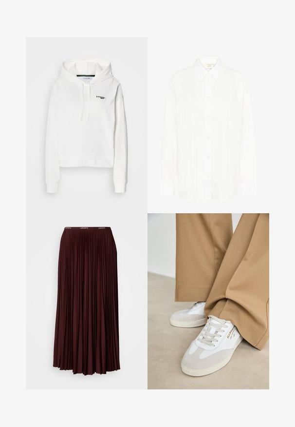 Sweatshirt blanc en tissu doux avec une poche kangourou, une capuche à cordon de serrage et un logo vert brodé sur la poitrine. Équipé de poignets côtelés.; Chemise blanche à manches longues avec col classique et coupe régulière. Fabriquée en tissu lisse, avec huit boutons sur le devant.; Jupe plissée bordeaux en tissu doux avec une taille élastique arborant un logo discret. Modèle longueur complète avec des plis verticaux.; Baskets blanches avec des accents en daim, des lacets texturés et une semelle en caoutchouc. Associées à un pantalon beige ample. Logo affiché sur le côté.