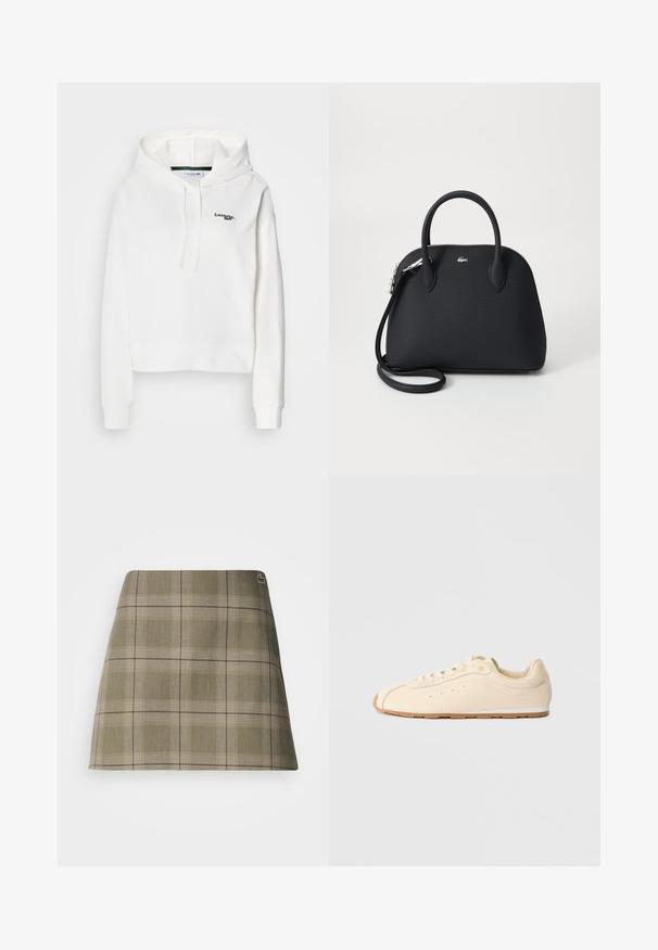 Hvid hættetrøje i blødt stof med kengurulomme, snøre i hætten og grøn broderet logo på brystet. Har ribbede manchetter.; Skotsk ternet mini nederdel i olivengrøn og beige, med et lige design, en subtil struktur og en lille logoaccent nær taljen.; Beige sneakers lavet af glat læder med en rund tå, flad gummisål og minimalistisk design med diskret syninger og perforeringer.; Sort håndtaske lavet af tekstureret materiale, med to top håndtag og en aftagelig skulderrem, prydet med et sølv logo.