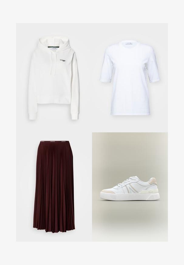Sudadera blanca de tela suave con un bolsillo canguro, capucha con cordón y logo verde bordado en el pecho. Presenta puños acanalados.; Camiseta blanca de algodón con mangas cortas, escote redondo y un sutil logo bordado en el pecho. Textura suave, corte clásico.; Falda plisada burdeos hecha de una tela suave con una cinturilla elástica que presenta un logo sutil. Diseño de larga duración con plisados verticales.; Zapatilla blanca de cuero suave con acentos de ante beige. Presenta puntera redonda, parte delantera con cordones y suela de goma texturizada. Detalle con logo en el lateral.