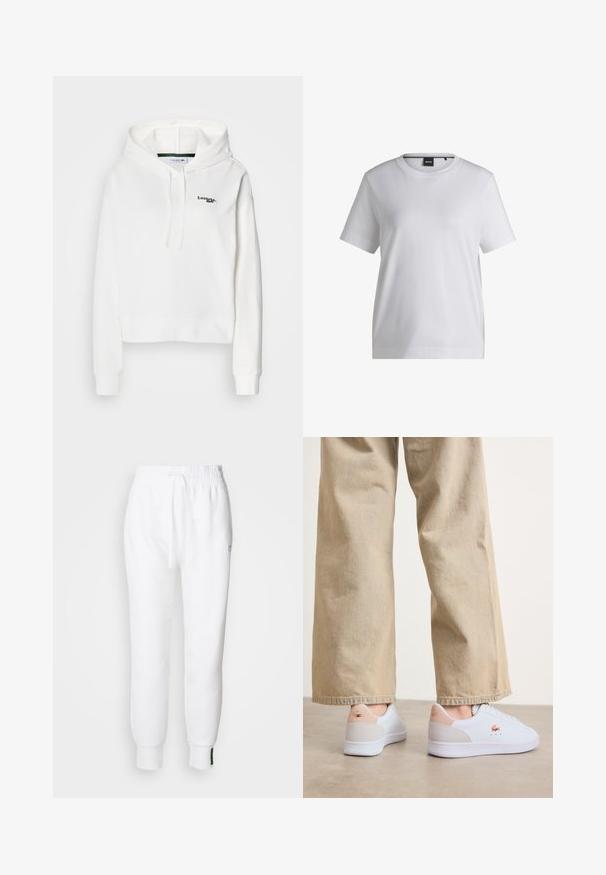 Sweatshirt blanc en tissu doux avec une poche kangourou, une capuche à cordon de serrage et un logo vert brodé sur la poitrine. Équipé de poignets côtelés.; T-shirt en coton blanc avec un col rond, des manches courtes et une coupe décontractée. Il présente une petite étiquette de marque près du col.; Pantalon de jogging blanc avec taille élastique et cordon de serrage, comportant des poches latérales et des poignets côtelés. Tissu doux avec un détail de logo brodé.; Baskets blanches avec une finition en cuir lisse, dotées d'un accent en suède beige au niveau du talon et d'un branding subtil. Associées à un pantalon beige clair.